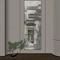 Traditional Chinese Architecture Artwork On Wall With Green Plant Interior Decor