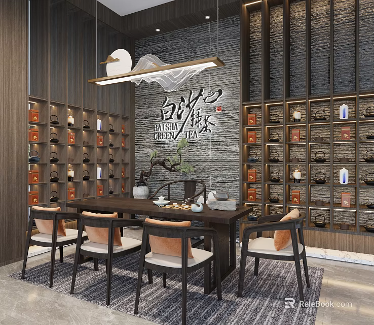 Traditional White Tea Gathering Room With Wooden Display Cabinets Long Table And Chairs 3d model 