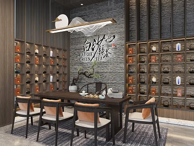 Traditional White Tea Gathering Room With Wooden Display Cabinets Long Table And Chairs 3d model