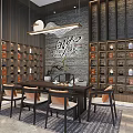 Traditional White Tea Gathering Room With Wooden Display Cabinets Long Table And Chairs