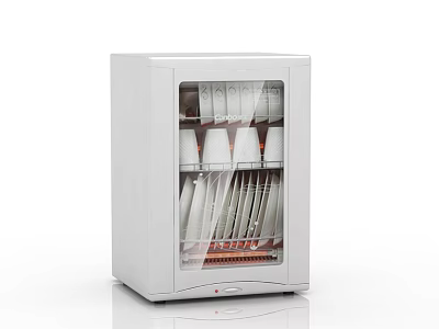 White Countertop Dish Sterilizer Kitchen Appliance With Transparent Door And Dishes Inside 3d model