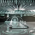 Elegant Modern Banquet Hall With Circular Ceiling Crystal Chandelier Light Strips Mirrored Floor And Tables