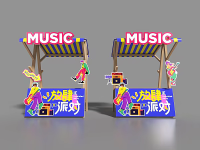 Vibrant Music Party Decorative Booths With Colorful Signage And Cartoon Figures 3d model