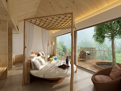 Hotel Room Featuring Wooden Canopy Round Bed Large Windows And Balcony Outdoor View 3d model