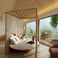 Hotel Room Featuring Wooden Canopy Round Bed Large Windows And Balcony Outdoor View