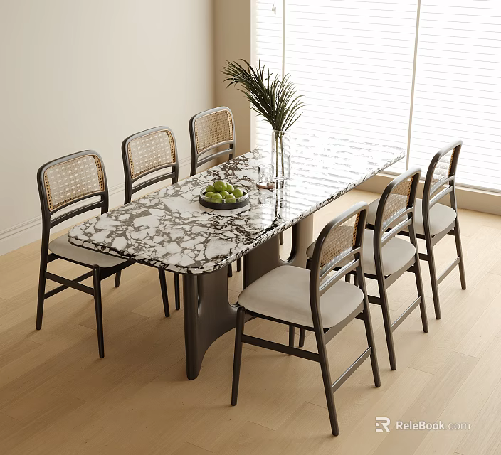 Marble Top Dining Table with Rattan Back Chairs in Bright Room with Potted Plant 3d model 