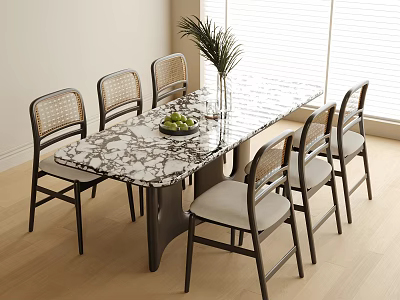 Marble Top Dining Table with Rattan Back Chairs in Bright Room with Potted Plant 3d model