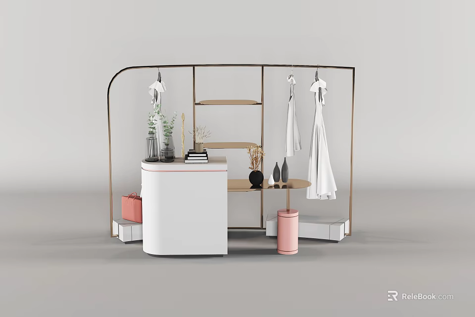 Modern Display Rack With Arched Metal Frame Hanging White Clothes And Decorative Items 3d model 