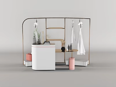 Modern Display Rack With Arched Metal Frame Hanging White Clothes And Decorative Items 3d model
