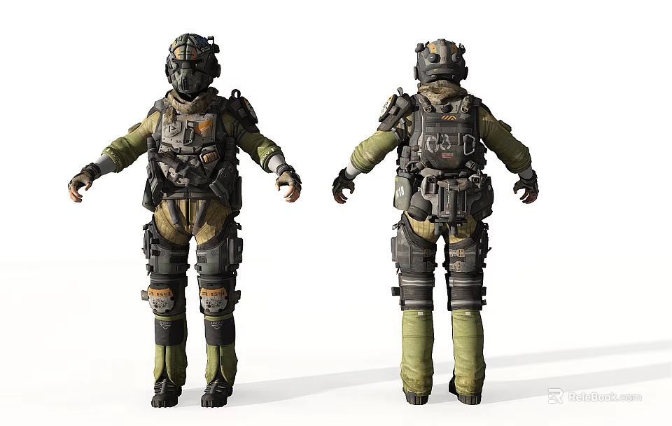 Game Movie Character In Tactical Military Gear With Helmet And Armor Front Back View 3d model 