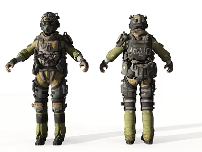 Game Movie Character In Tactical Military Gear With Helmet And Armor Front Back View 3d model