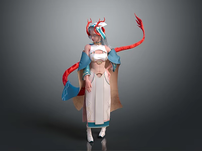 Elegant Female Character In Traditional Attire With Dragon Horns And Red Streamers 3d model