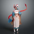 Elegant Female Character In Traditional Attire With Dragon Horns And Red Streamers