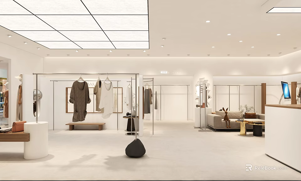 Minimalist Clothing Store Interior With Hanging Clothes Racks White Display Area And Sofa Decor 3d model 