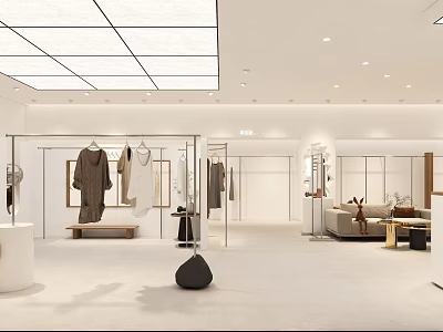 Minimalist Clothing Store Interior With Hanging Clothes Racks White Display Area And Sofa Decor 3d model