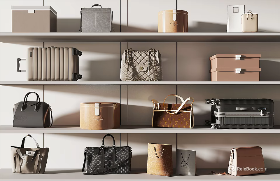 Assorted Bags and Boxes Arranged on Shelves Including Handbags Suitcases and Storage Cases 3d model 