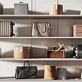 Assorted Bags and Boxes Arranged on Shelves Including Handbags Suitcases and Storage Cases