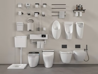 Contemporary Toilet Bathroom Interior With Urinals Sinks Storage Racks And Accessories 3d model