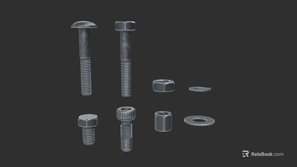 Essential Hardware Tools Featuring Hex Bolts Round Head Bolts Nuts and Washers 3d model 