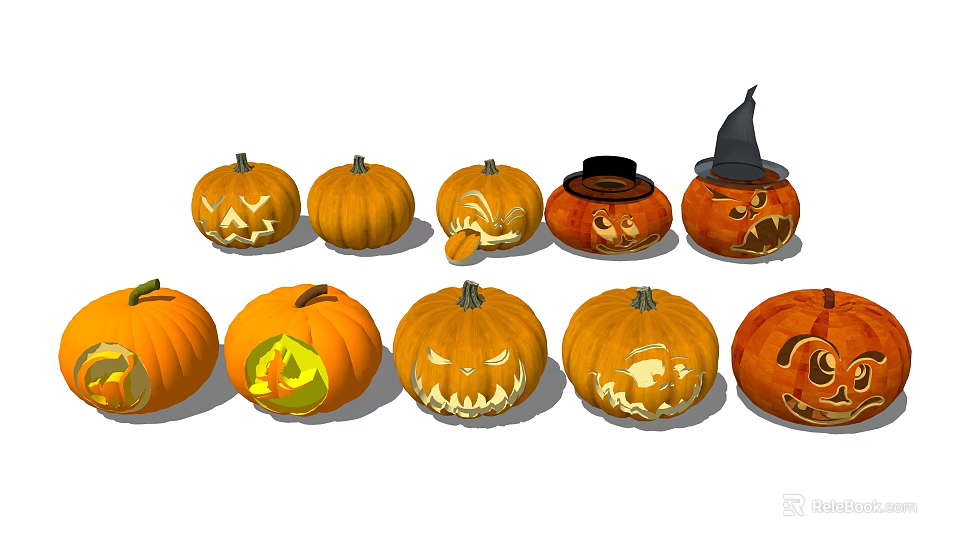 Carved Halloween Vegetable Pumpkins With Various Spooky Faces And Decorative Witch Hat 3d model
