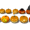 Carved Halloween Vegetable Pumpkins With Various Spooky Faces And Decorative Witch Hat 3d model