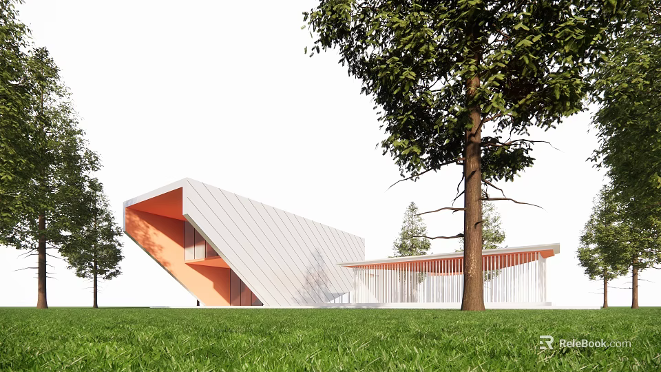 Modern Sales Office Building With Sloped Roof Metal Cladding And Green Lawn Surrounded by Trees 3d model 