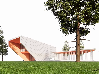 Modern Sales Office Building With Sloped Roof Metal Cladding And Green Lawn Surrounded by Trees 3d model