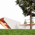 Modern Sales Office Building With Sloped Roof Metal Cladding And Green Lawn Surrounded by Trees