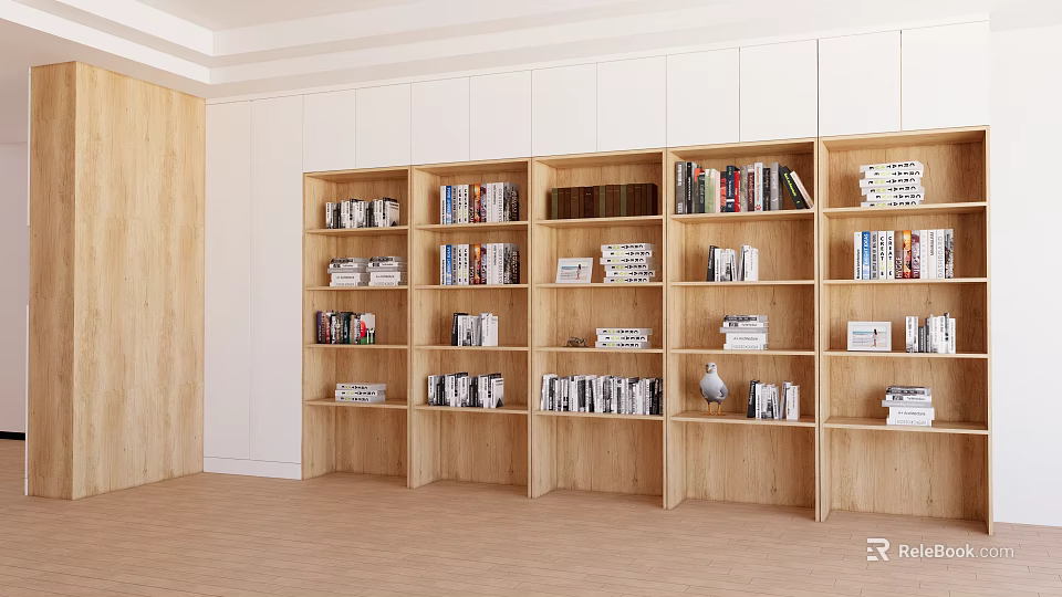 Wooden Built in Bookshelf with Multiple Shelves and Decorative Items in Minimalist Design 3d model 