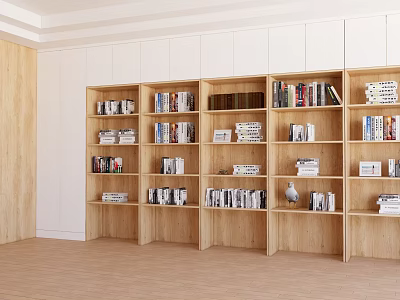 Wooden Built in Bookshelf with Multiple Shelves and Decorative Items in Minimalist Design 3d model