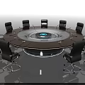 Modern Round Conference Table With Wooden Top Silver Center And Black Chairs