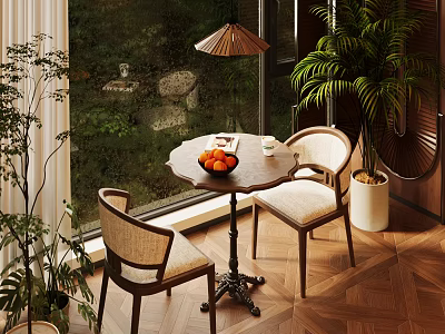 Round Table And Two Chairs Setup With Lamp Indoor Plants And Fruit By Window View 3d model