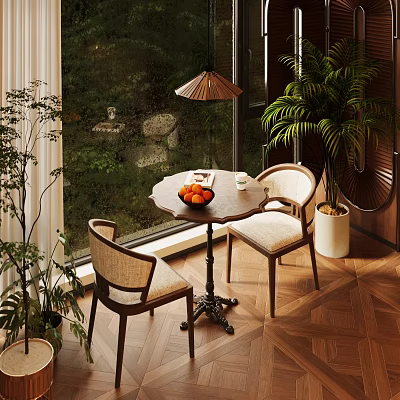 Round Table And Two Chairs Setup With Lamp Indoor Plants And Fruit By Window View 3d model