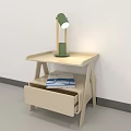 Light Colored Minimalist Bedside Table With Green Table Lamp Open Drawer And Magazine 3d model