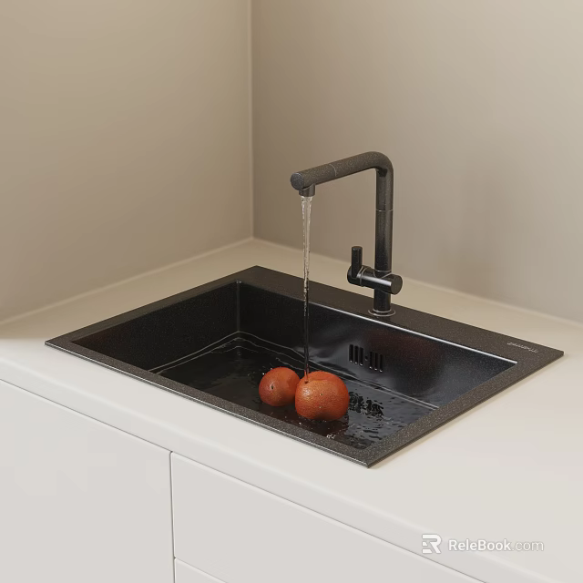 Modern Kitchen Black Washing Sink with Running Water Faucet and Oranges on White Countertop 3d model 