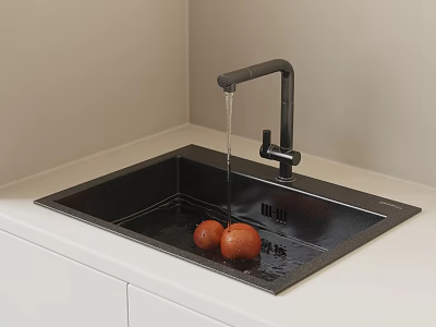 Modern Kitchen Black Washing Sink with Running Water Faucet and Oranges on White Countertop 3d model