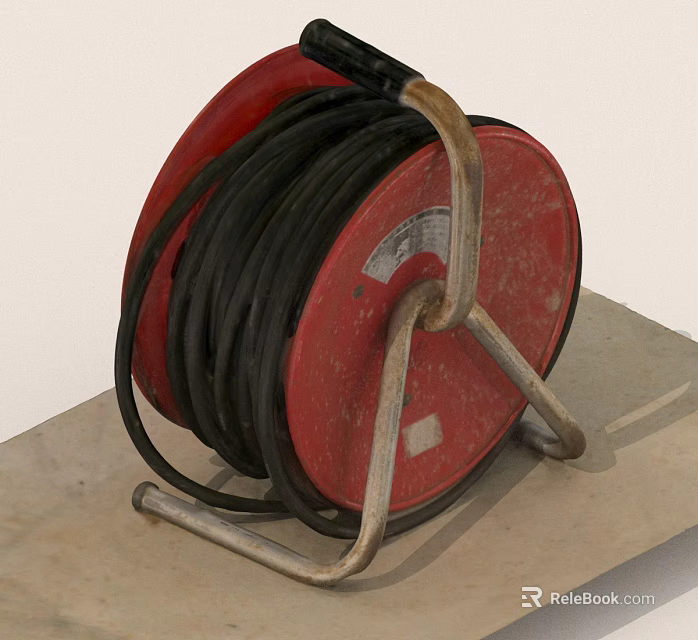 Red Cable Reel With Metal Stand And Black Coiled Cable 3d model 