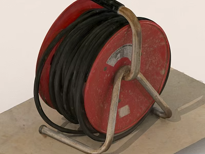 Red Cable Reel With Metal Stand And Black Coiled Cable 3d model