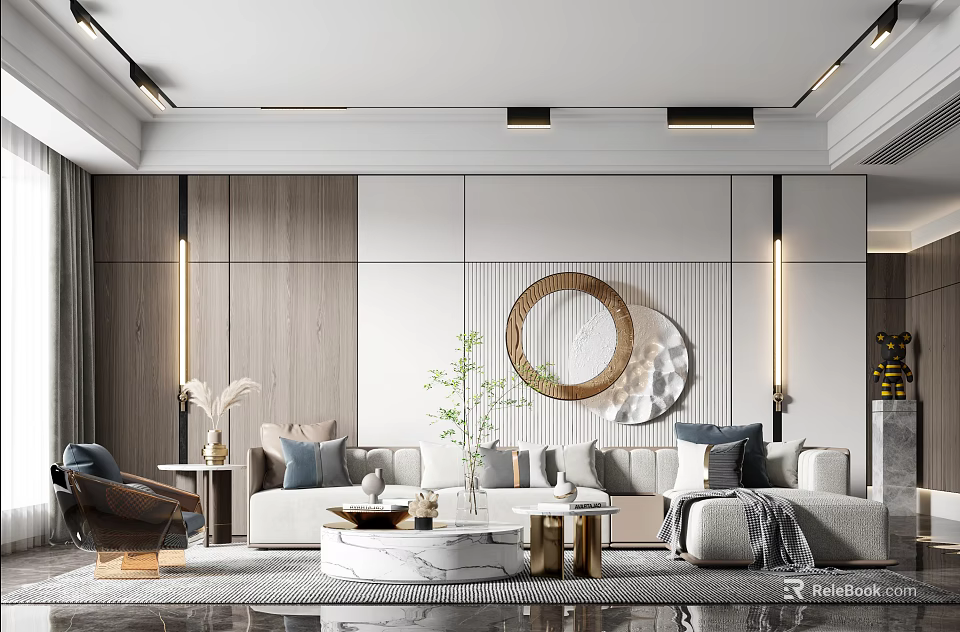 Modern Living Room Interior With Sofa Coffee Table Round Mirror Wooden Panels And Lighting 3d model 