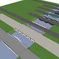 Modern Landscape Bridge Design With Multiple Structures Grass Areas And Water Channels