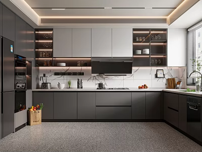 Modern Kitchen Interior With Gray Cabinets Black Appliances Marble Countertop And Island 3d model