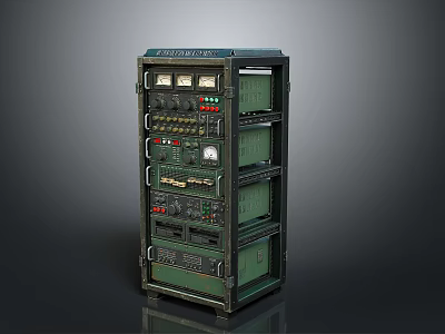 Industrial Green Metal Control Cabinet With Multiple Shelves Gauges And Drawers 3d model