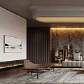 Elegant Modern Living Room With Large Windows Snowy Mountain View Sofa Rug Accent Wall Chandelier
