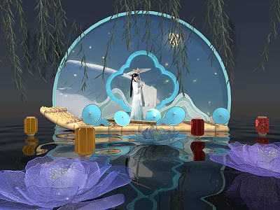 Ancient Style Photo Check In Spot With Circular Blue Arch Willow Branches And Lotus Reflections 3d model