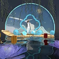 Ancient Style Photo Check In Spot With Circular Blue Arch Willow Branches And Lotus Reflections