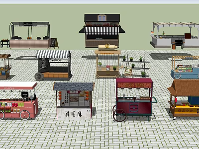 Diverse Street Food Carts with Various Designs Colors and Plant Decorations in Square 3d model