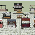 Diverse Street Food Carts with Various Designs Colors and Plant Decorations in Square