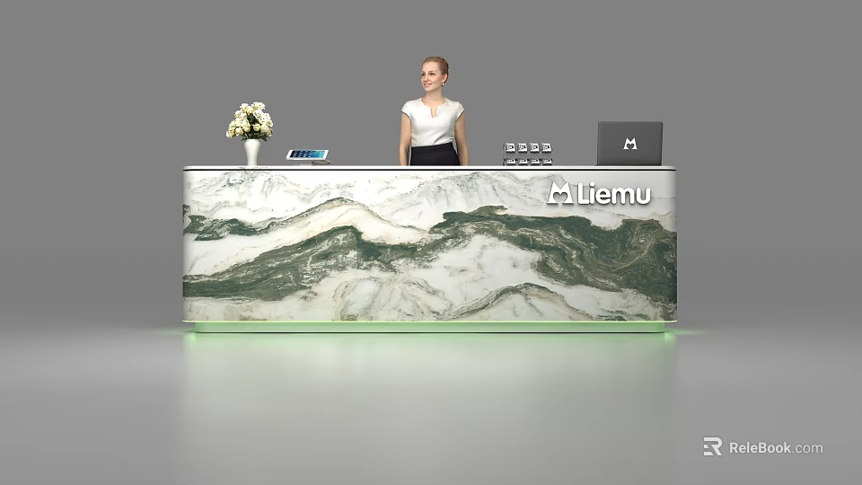 Modern Lifemu Reception Desk with Marble Mountain Pattern Vase Tablet and Laptop 3d model 