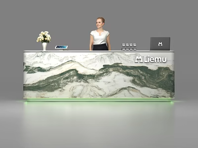 Modern Lifemu Reception Desk with Marble Mountain Pattern Vase Tablet and Laptop 3d model