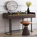 Elegant Dark Wooden Dressing Table with Round Mirror Perfume Bottles Skincare Products and Stool